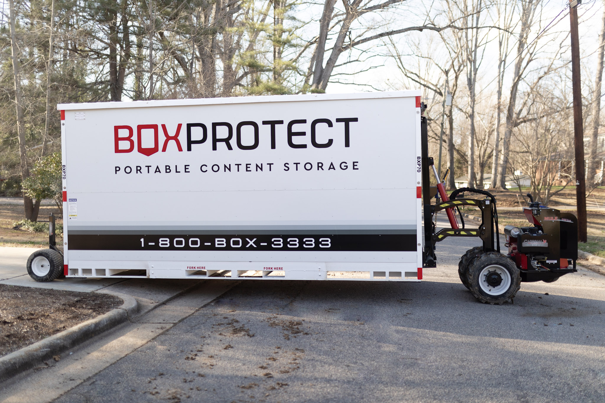 BoxProtect Zero-Point Turn Mule System transporting storage container
